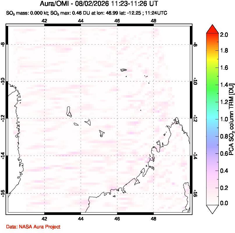 A sulfur dioxide image over Comoro Islands on Aug 02, 2026.