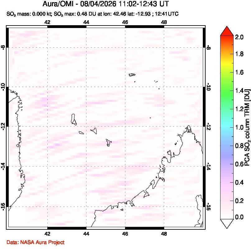 A sulfur dioxide image over Comoro Islands on Aug 04, 2026.