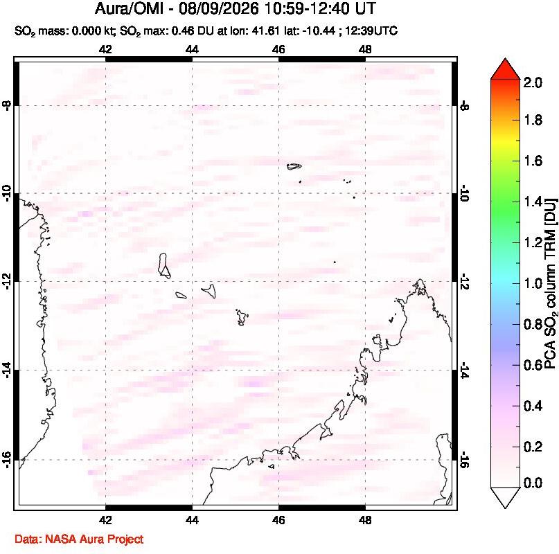 A sulfur dioxide image over Comoro Islands on Aug 09, 2026.