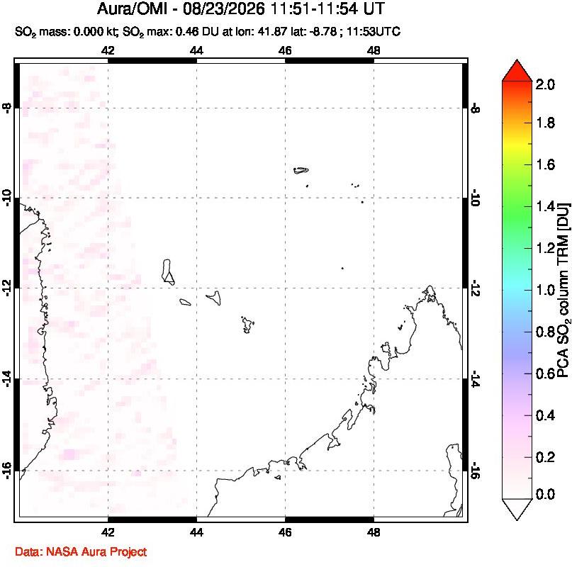 A sulfur dioxide image over Comoro Islands on Aug 23, 2026.