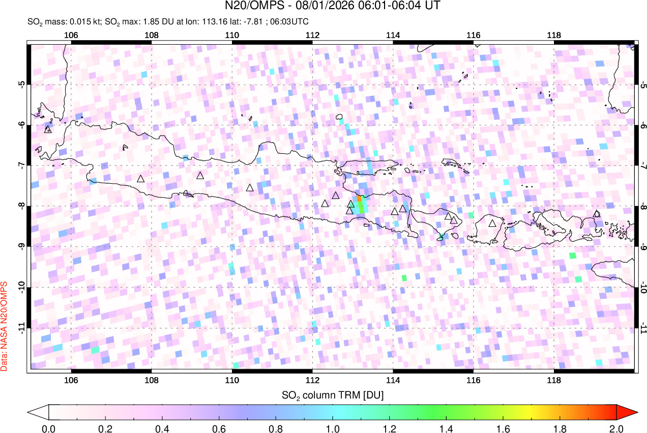 A sulfur dioxide image over Java, Indonesia on Aug 01, 2026.