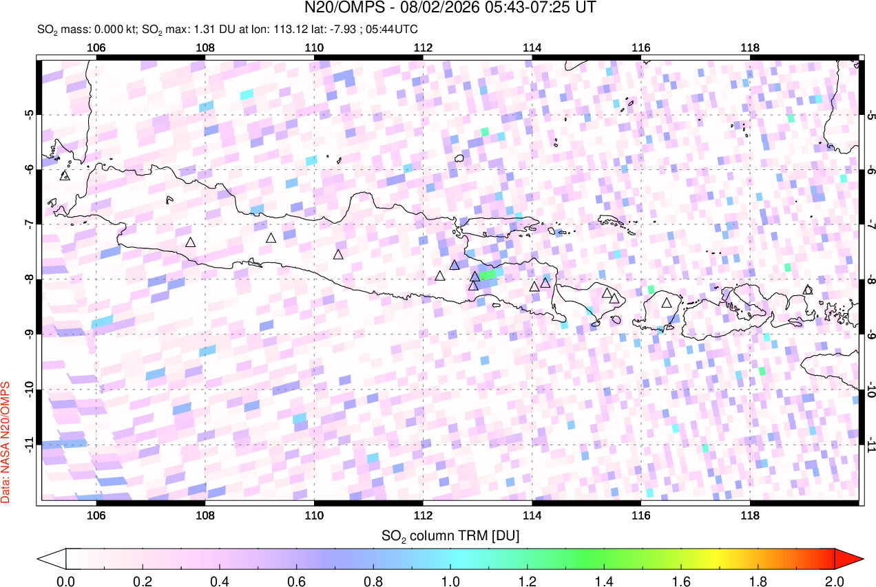 A sulfur dioxide image over Java, Indonesia on Aug 02, 2026.