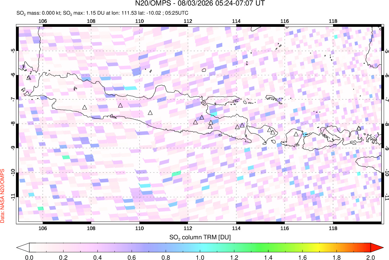 A sulfur dioxide image over Java, Indonesia on Aug 03, 2026.