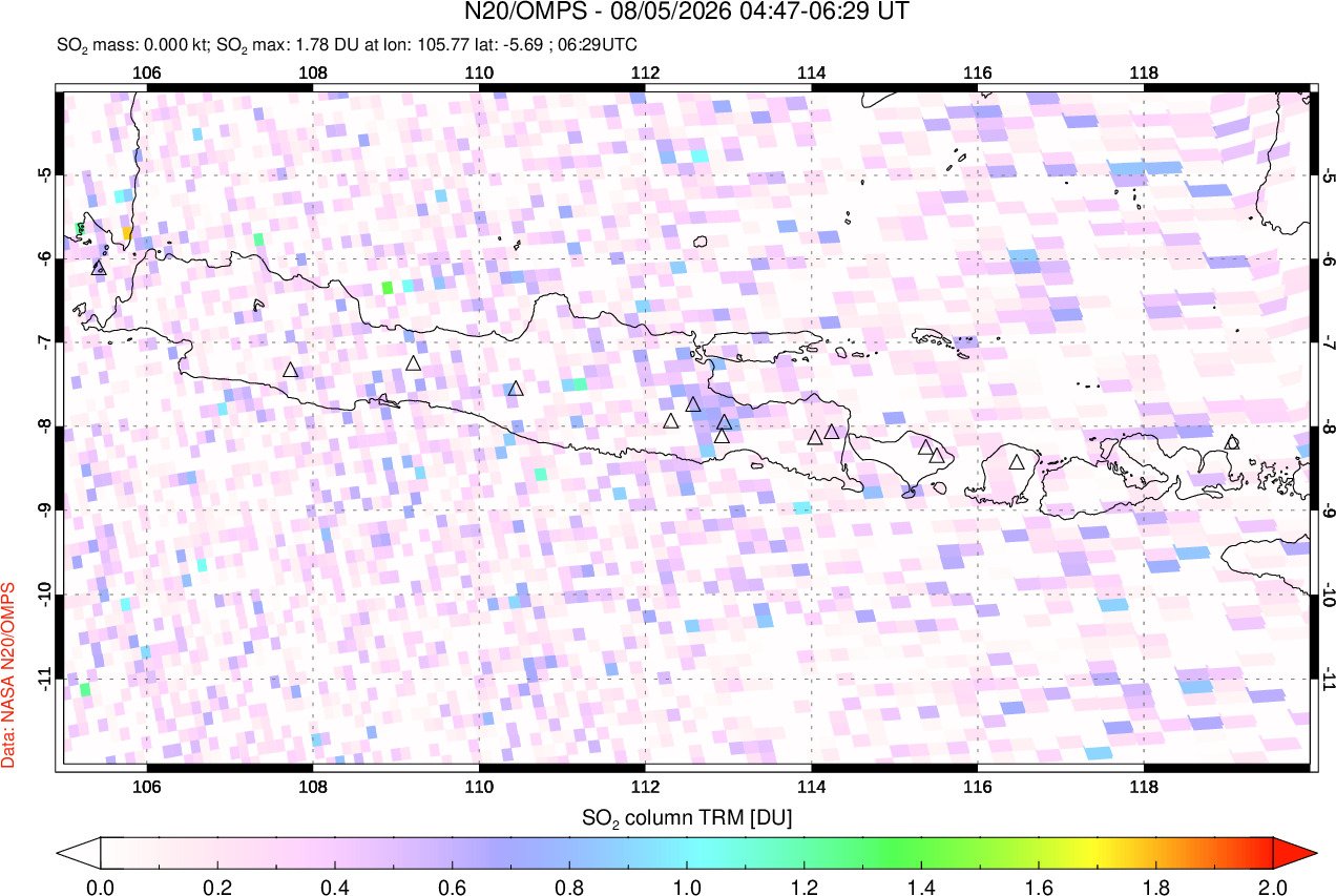 A sulfur dioxide image over Java, Indonesia on Aug 05, 2026.