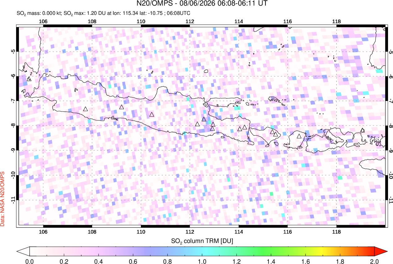 A sulfur dioxide image over Java, Indonesia on Aug 06, 2026.