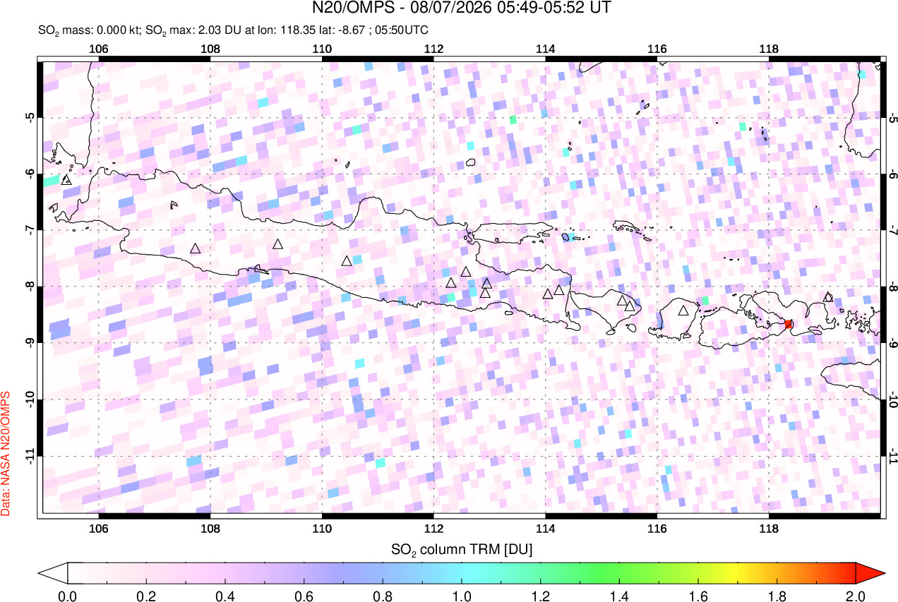 A sulfur dioxide image over Java, Indonesia on Aug 07, 2026.