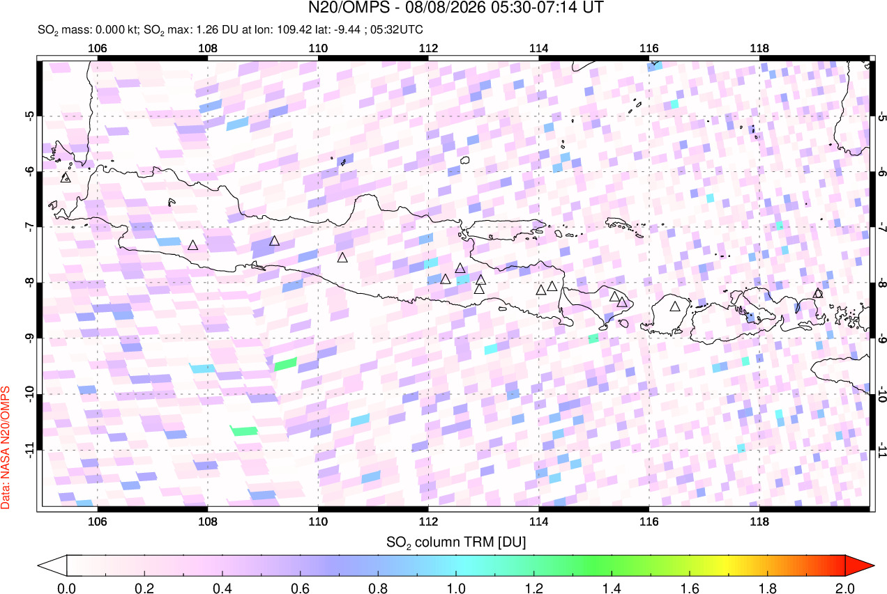A sulfur dioxide image over Java, Indonesia on Aug 08, 2026.