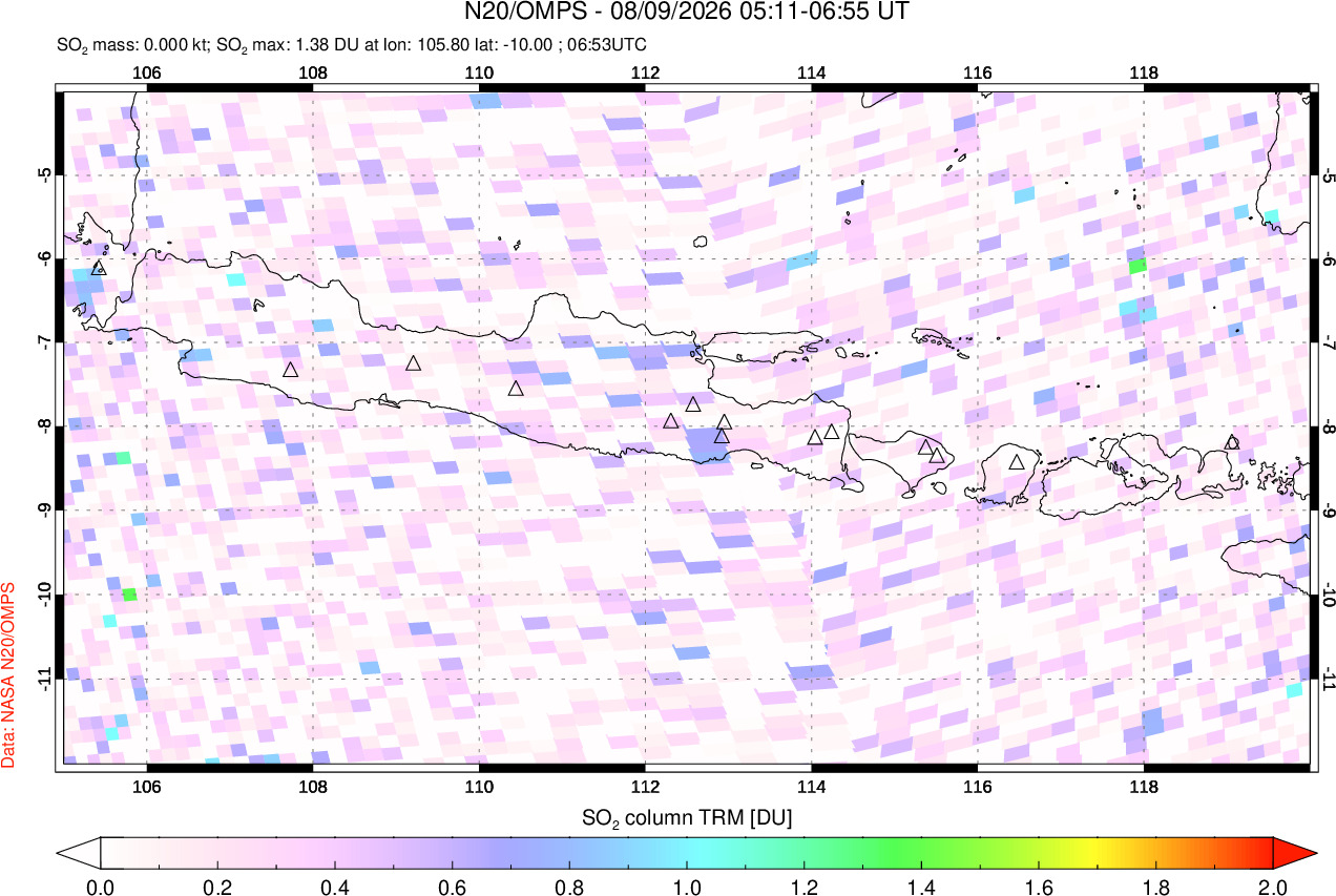 A sulfur dioxide image over Java, Indonesia on Aug 09, 2026.