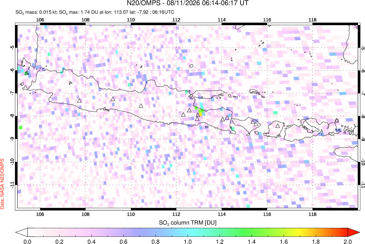 A sulfur dioxide image over Java, Indonesia on Aug 11, 2026.