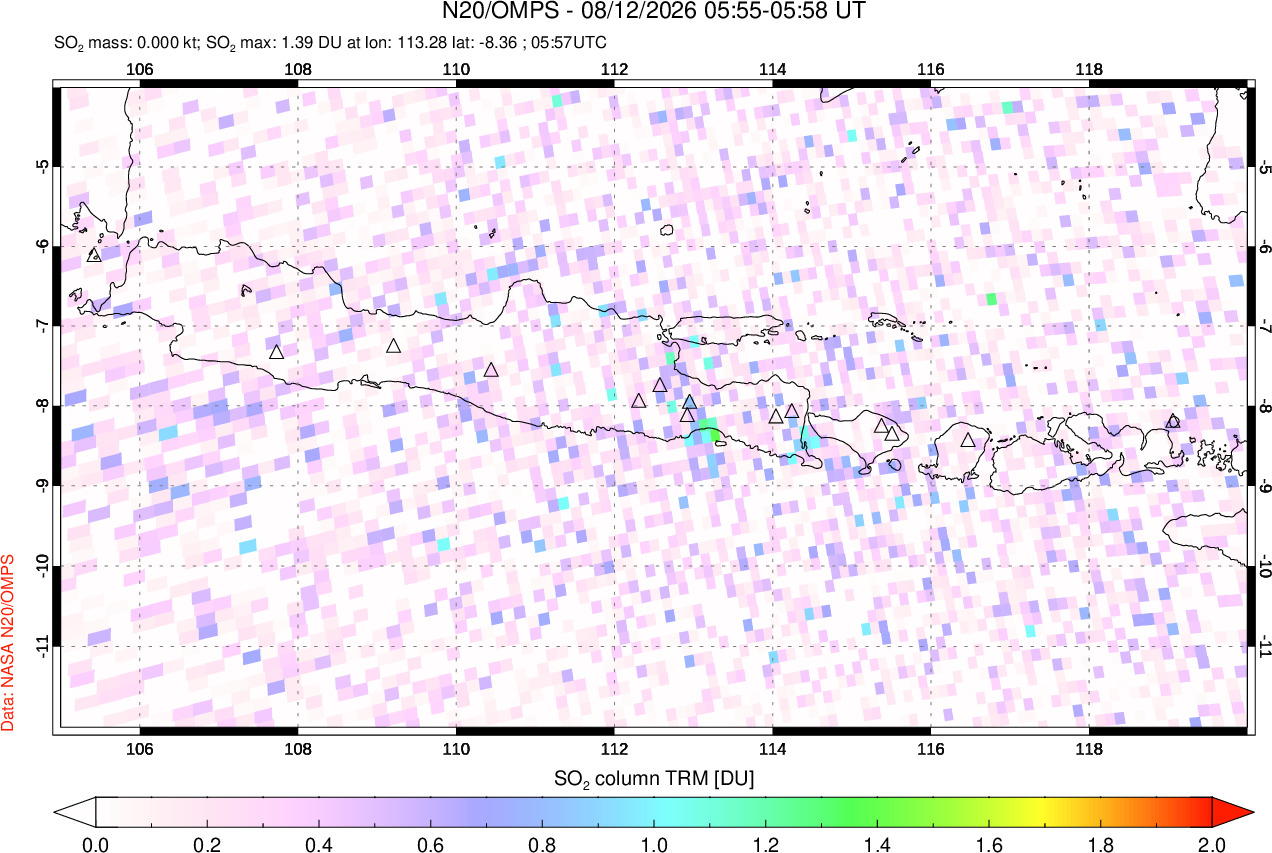 A sulfur dioxide image over Java, Indonesia on Aug 12, 2026.