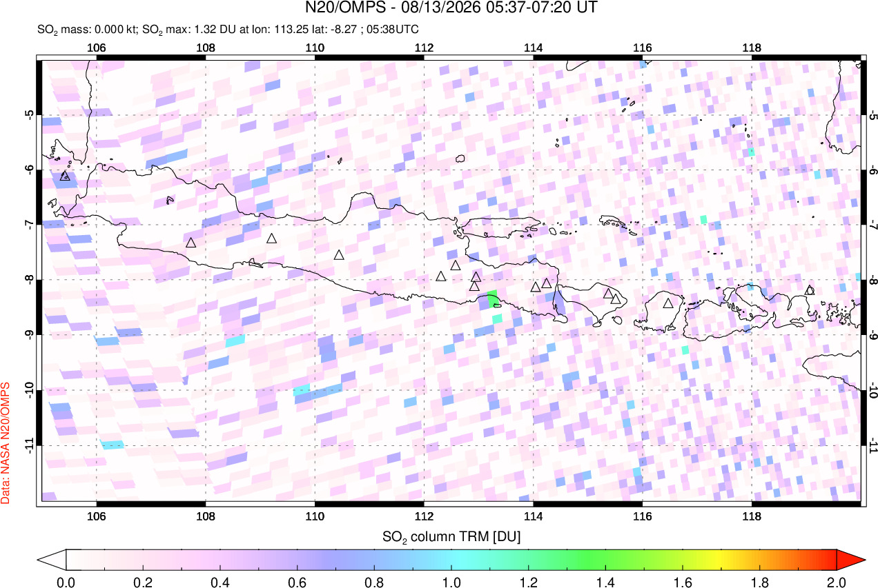 A sulfur dioxide image over Java, Indonesia on Aug 13, 2026.