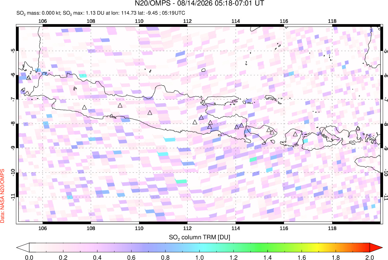 A sulfur dioxide image over Java, Indonesia on Aug 14, 2026.