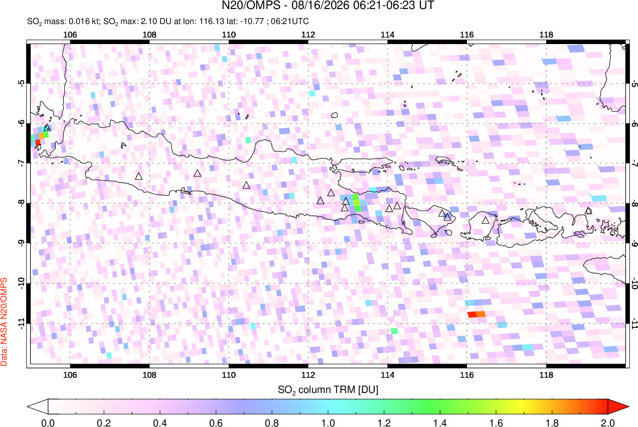 A sulfur dioxide image over Java, Indonesia on Aug 16, 2026.