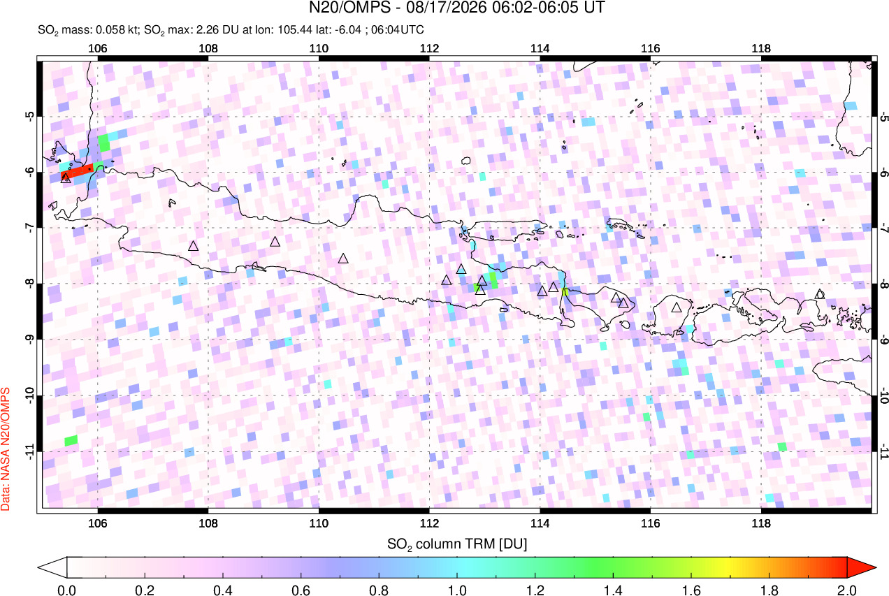 A sulfur dioxide image over Java, Indonesia on Aug 17, 2026.