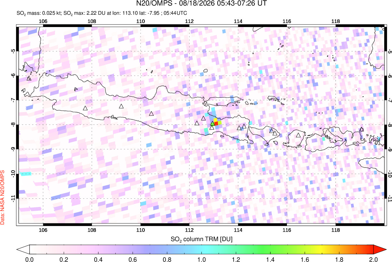 A sulfur dioxide image over Java, Indonesia on Aug 18, 2026.