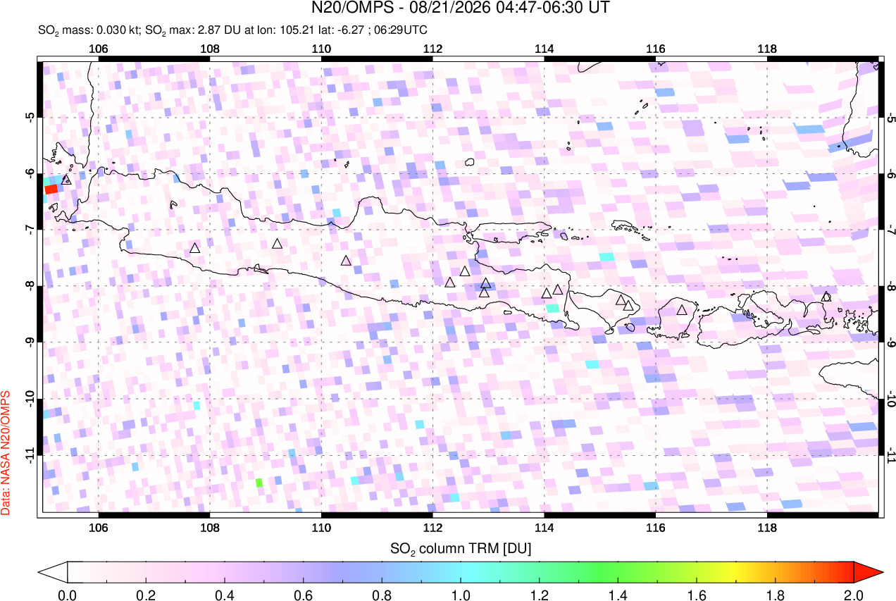 A sulfur dioxide image over Java, Indonesia on Aug 21, 2026.