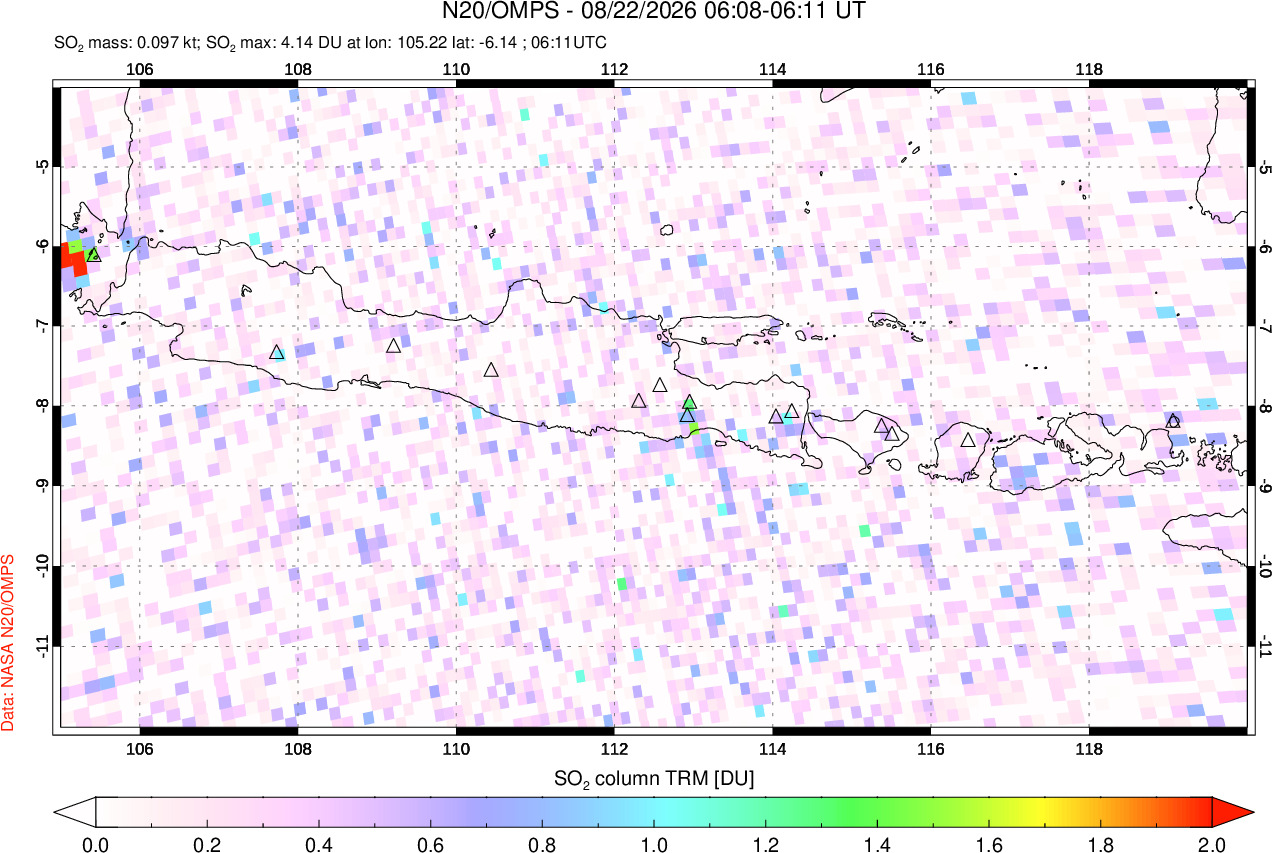 A sulfur dioxide image over Java, Indonesia on Aug 22, 2026.