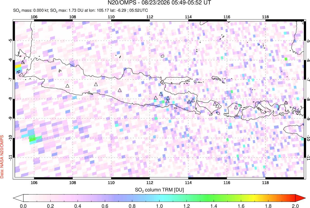 A sulfur dioxide image over Java, Indonesia on Aug 23, 2026.