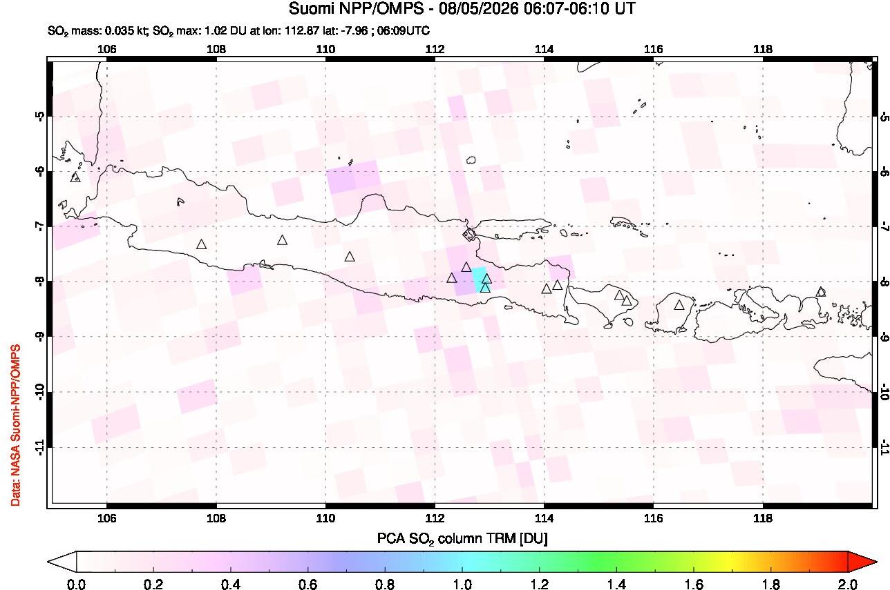 A sulfur dioxide image over Java, Indonesia on Aug 05, 2026.