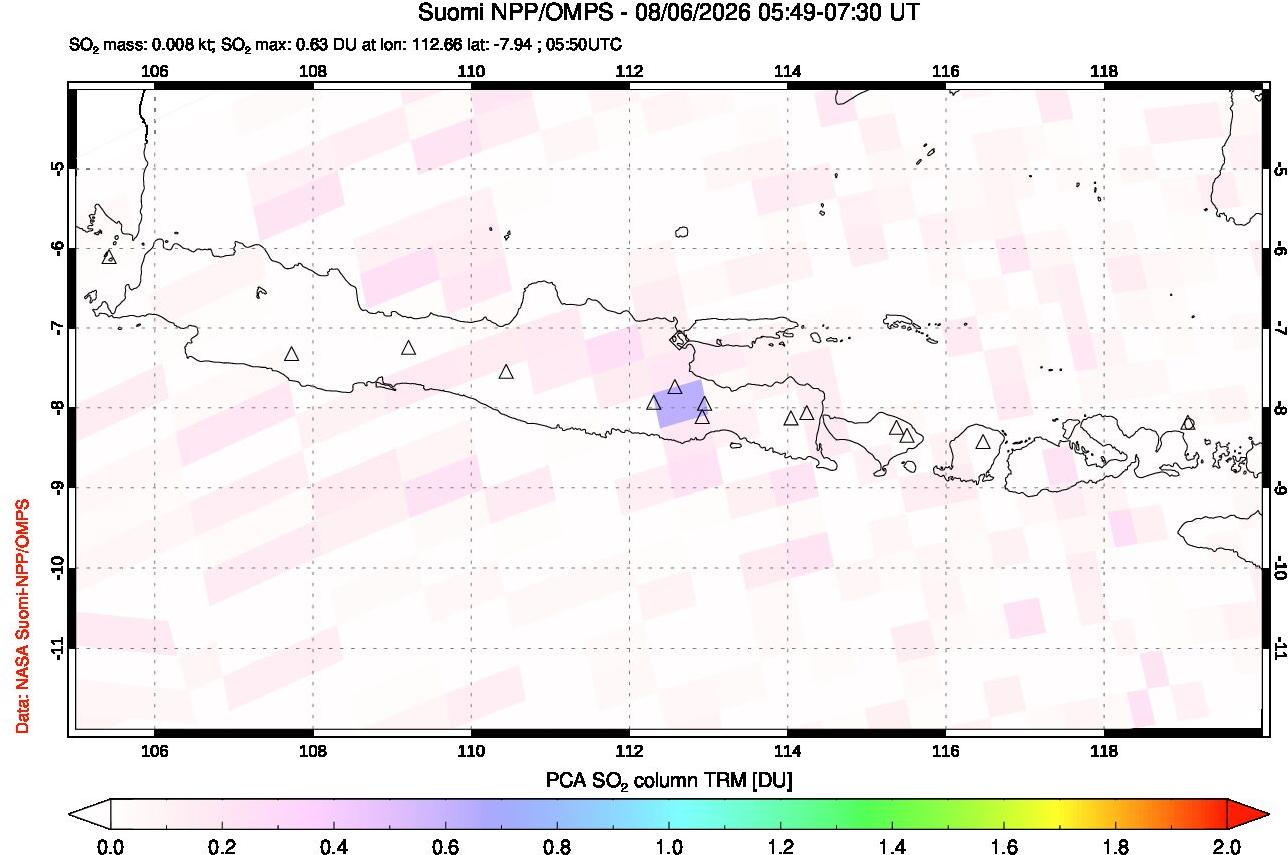 A sulfur dioxide image over Java, Indonesia on Aug 06, 2026.