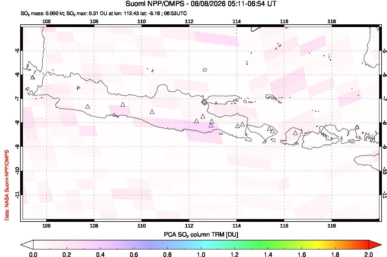 A sulfur dioxide image over Java, Indonesia on Aug 08, 2026.
