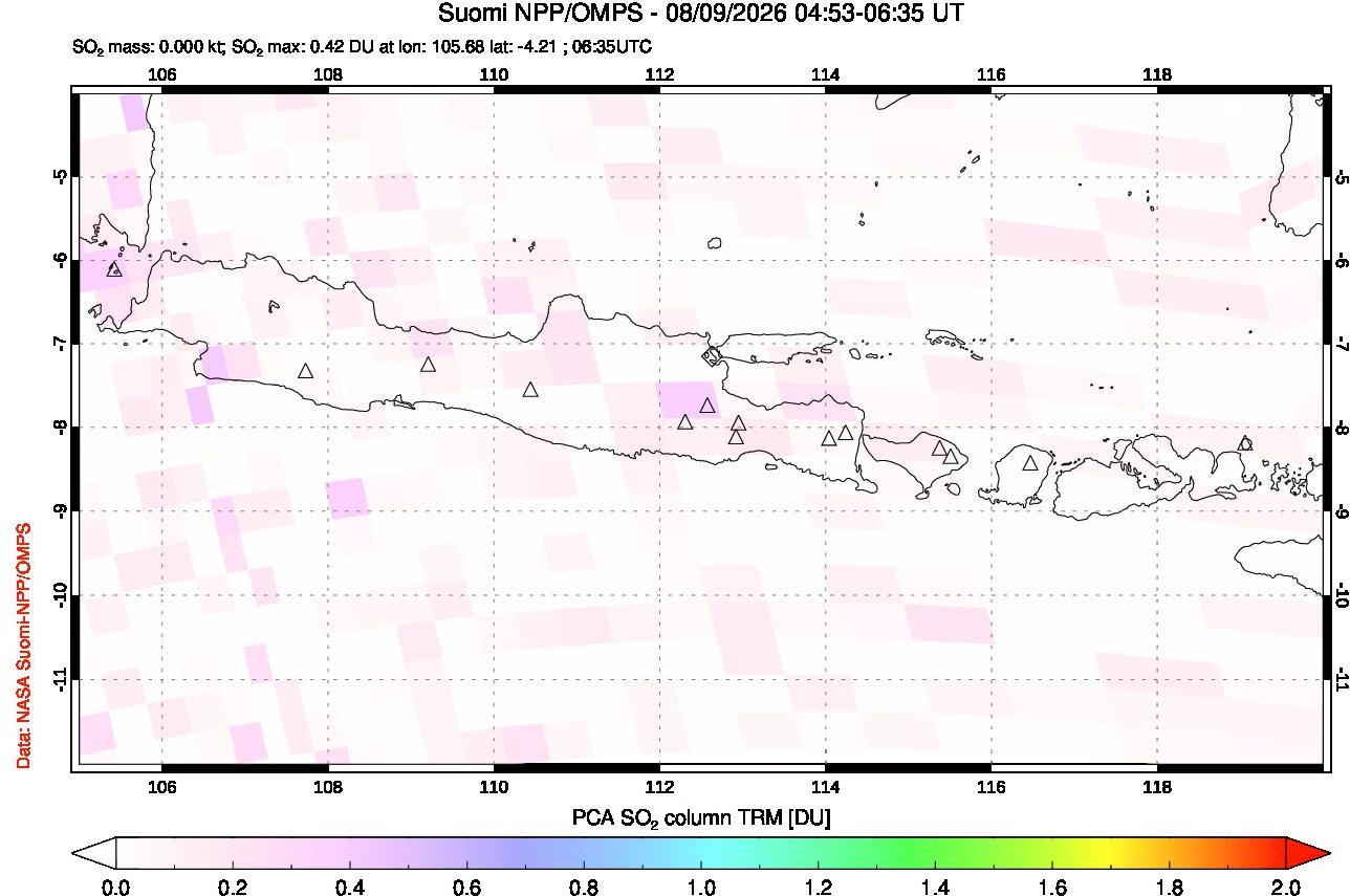 A sulfur dioxide image over Java, Indonesia on Aug 09, 2026.