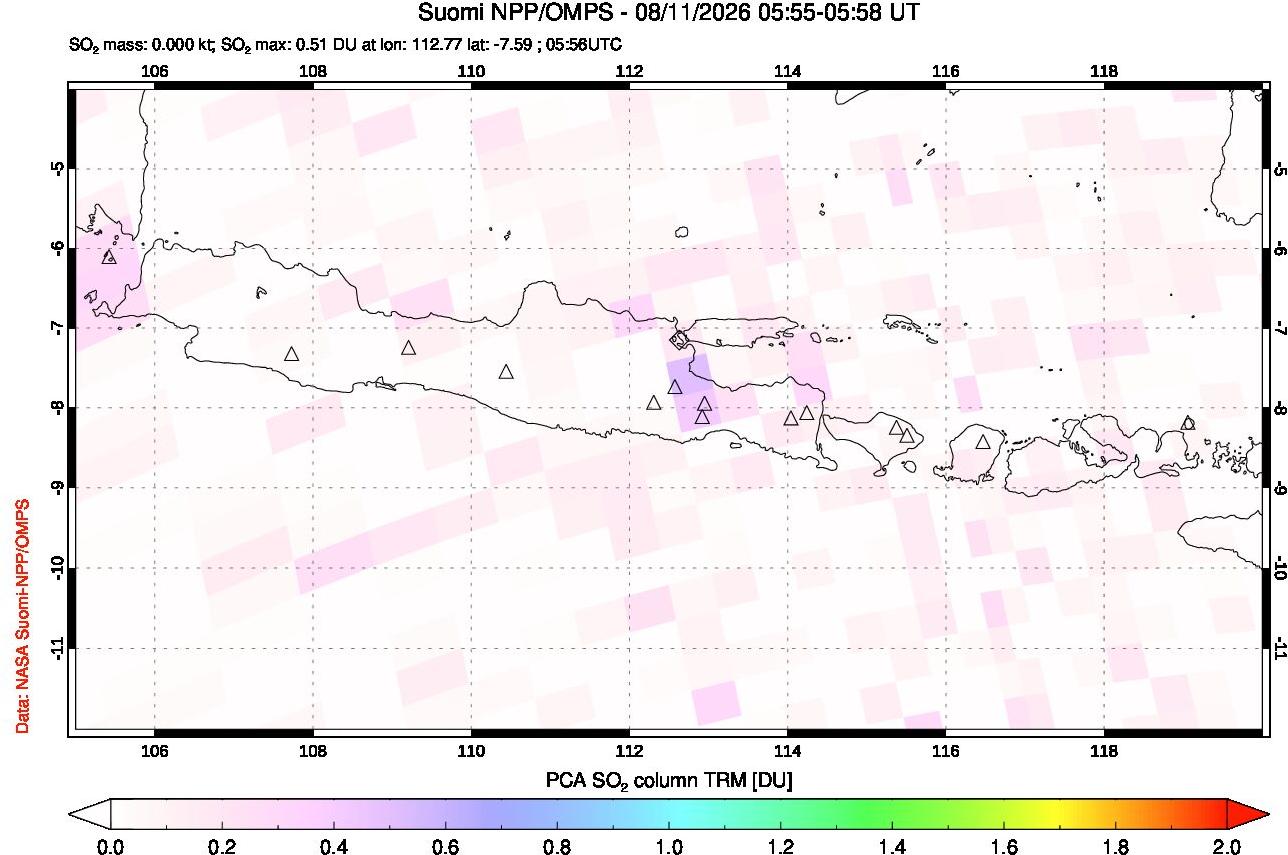 A sulfur dioxide image over Java, Indonesia on Aug 11, 2026.