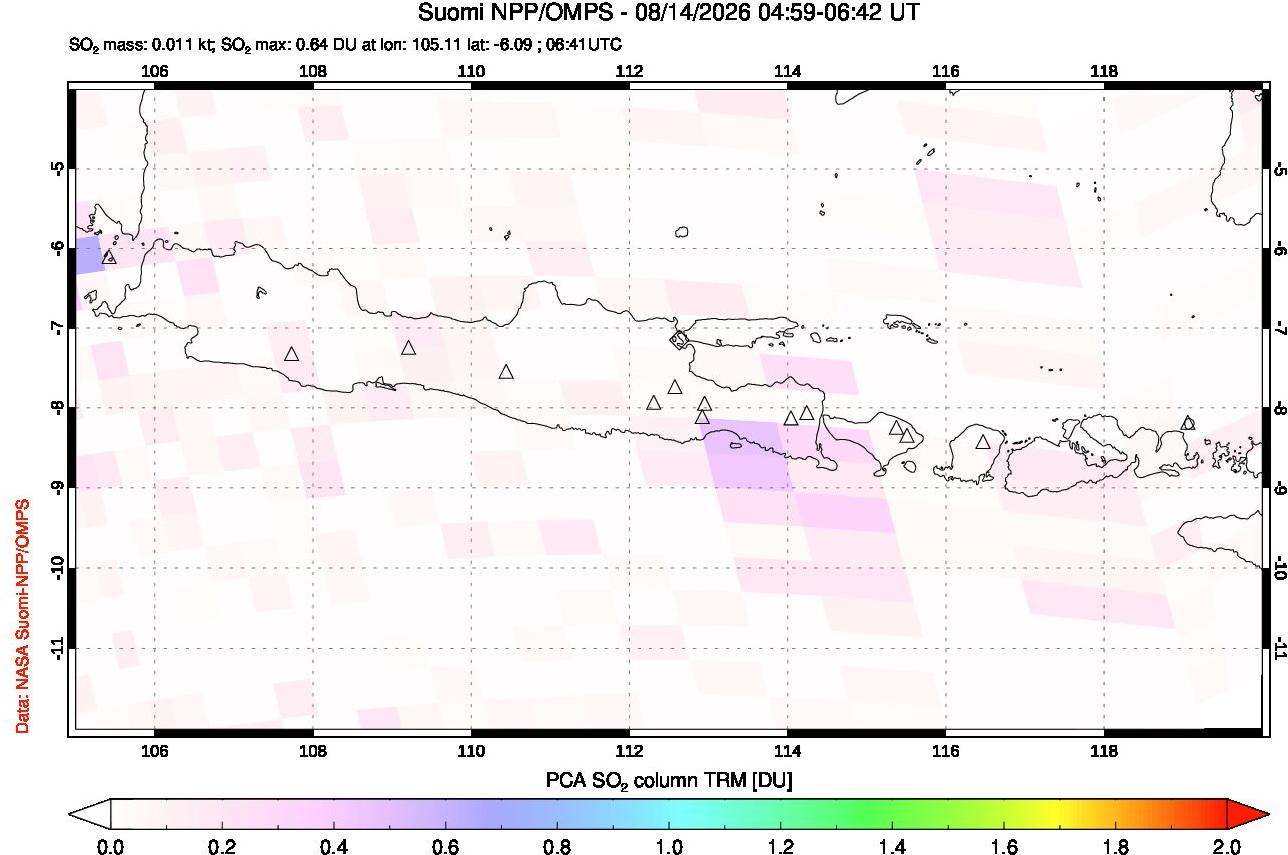 A sulfur dioxide image over Java, Indonesia on Aug 14, 2026.