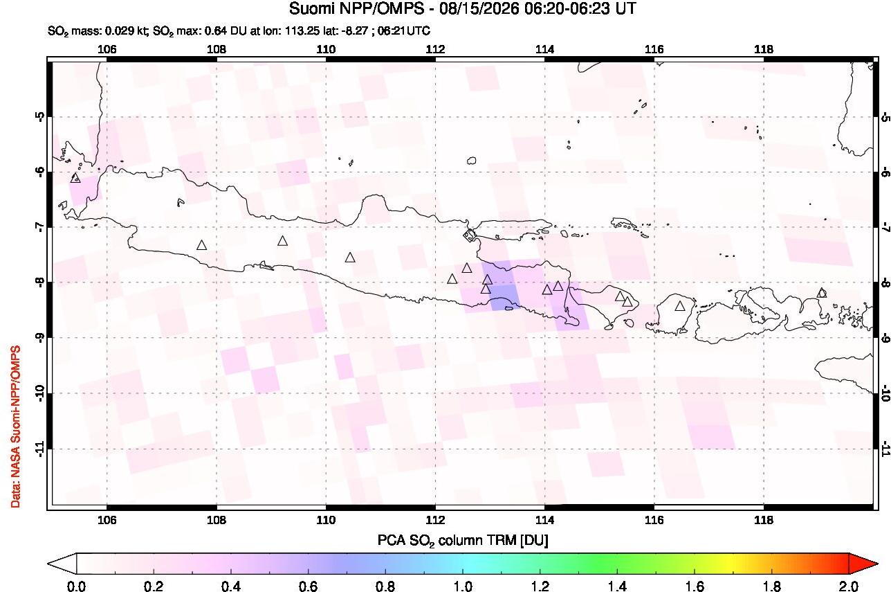 A sulfur dioxide image over Java, Indonesia on Aug 15, 2026.