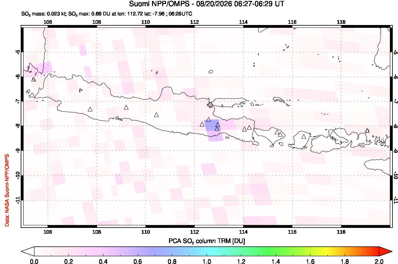 A sulfur dioxide image over Java, Indonesia on Aug 20, 2026.