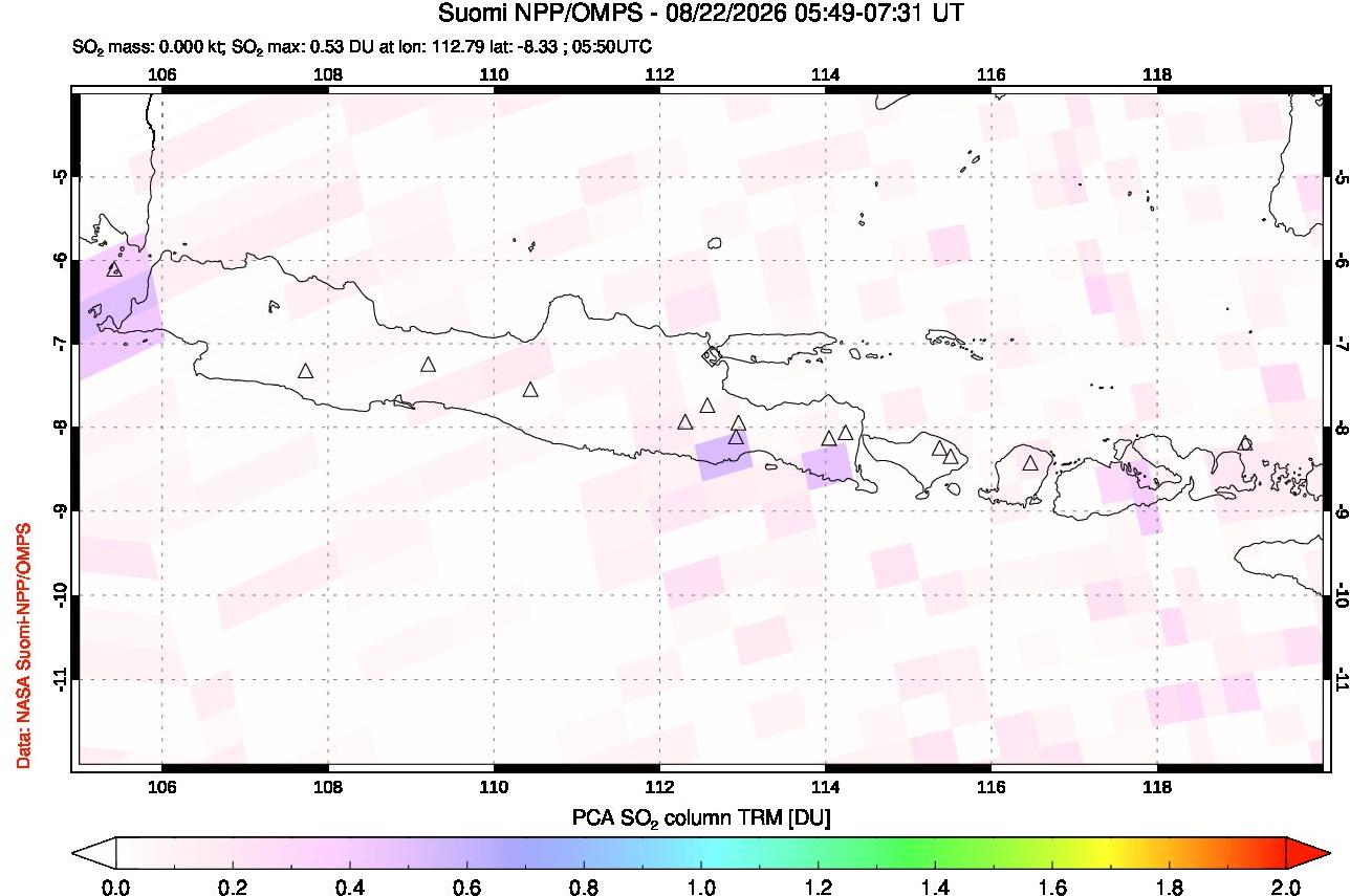 A sulfur dioxide image over Java, Indonesia on Aug 22, 2026.