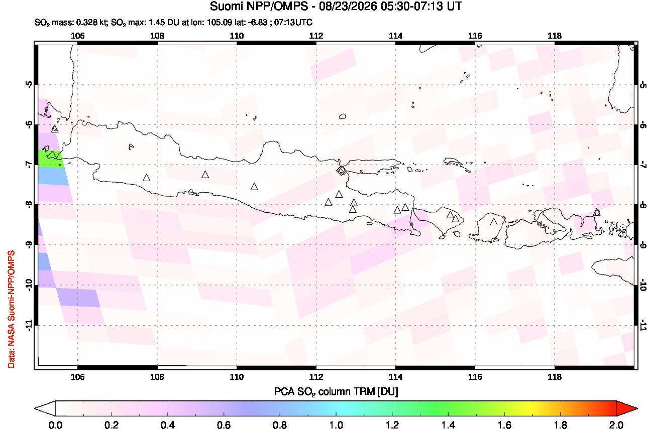 A sulfur dioxide image over Java, Indonesia on Aug 23, 2026.