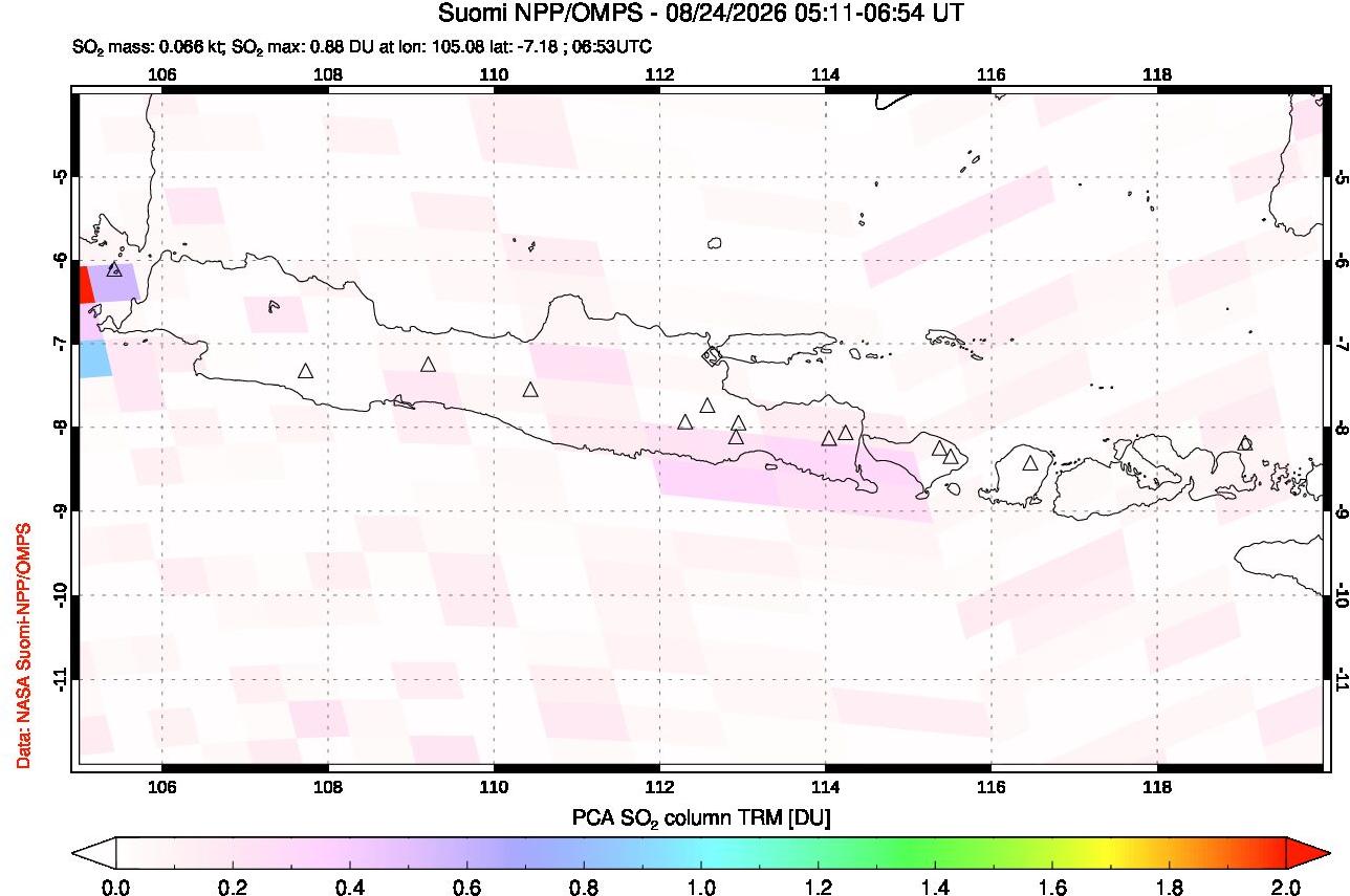 A sulfur dioxide image over Java, Indonesia on Aug 24, 2026.