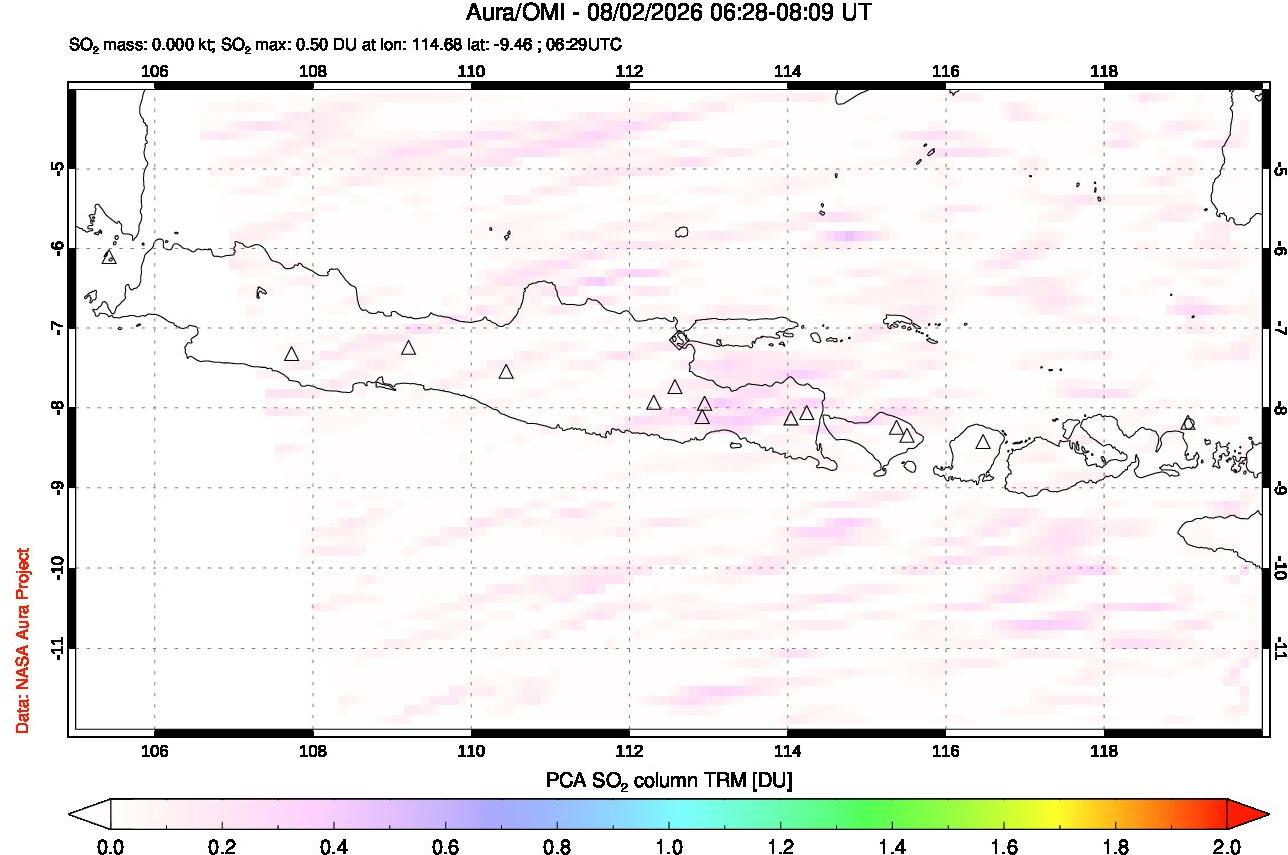 A sulfur dioxide image over Java, Indonesia on Aug 02, 2026.