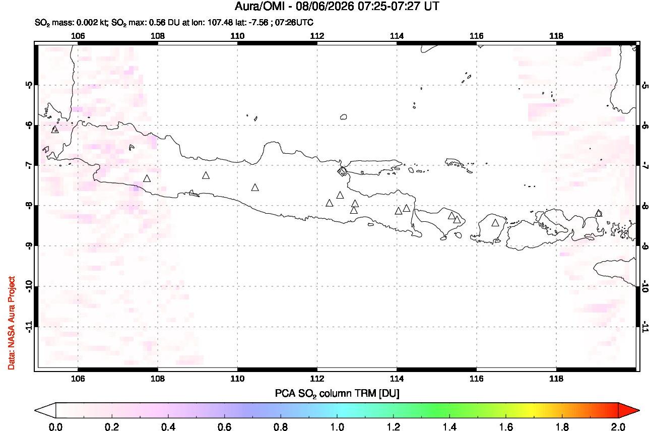 A sulfur dioxide image over Java, Indonesia on Aug 06, 2026.