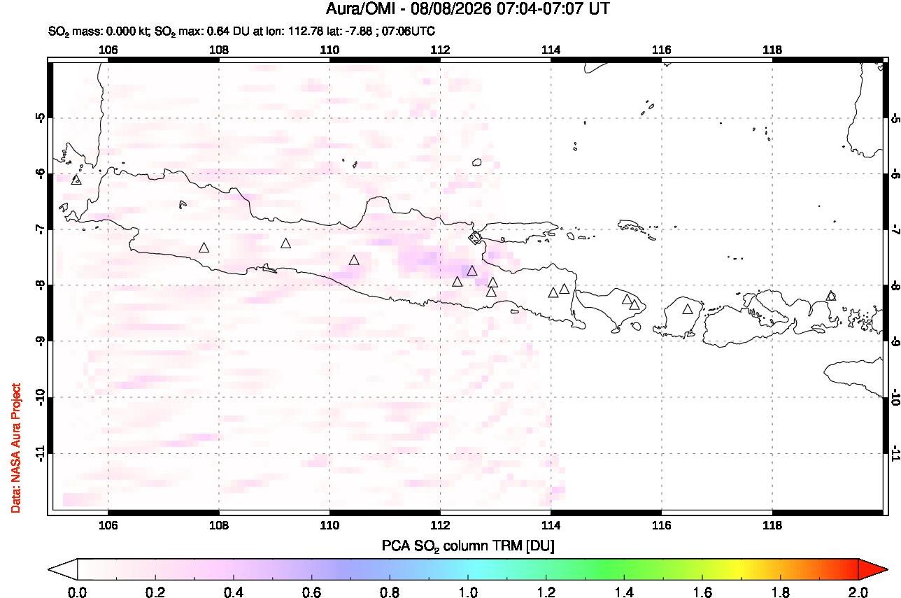 A sulfur dioxide image over Java, Indonesia on Aug 08, 2026.