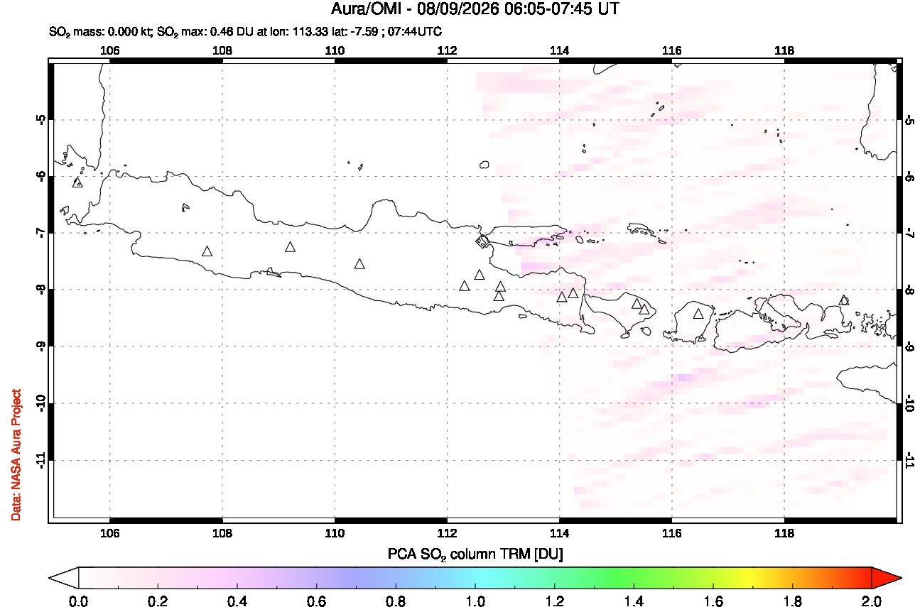 A sulfur dioxide image over Java, Indonesia on Aug 09, 2026.