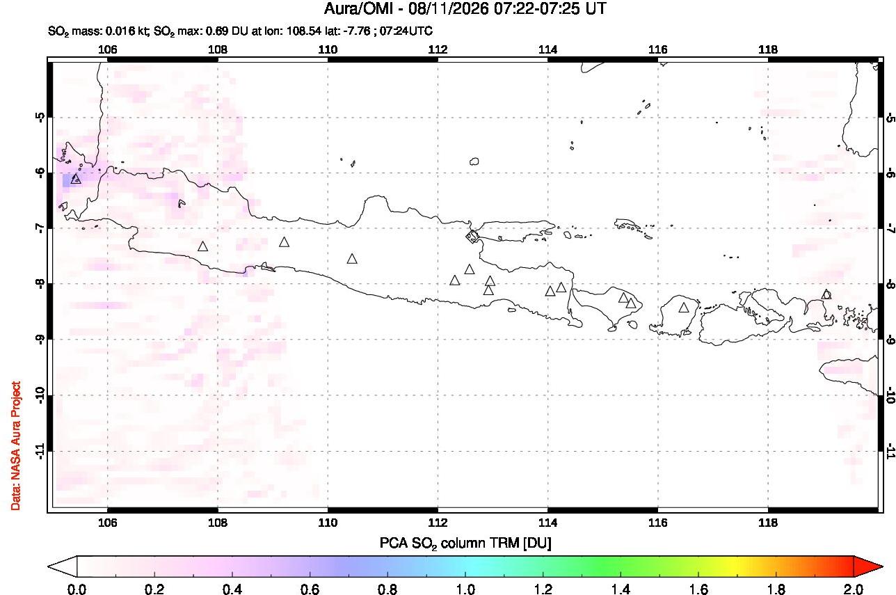 A sulfur dioxide image over Java, Indonesia on Aug 11, 2026.