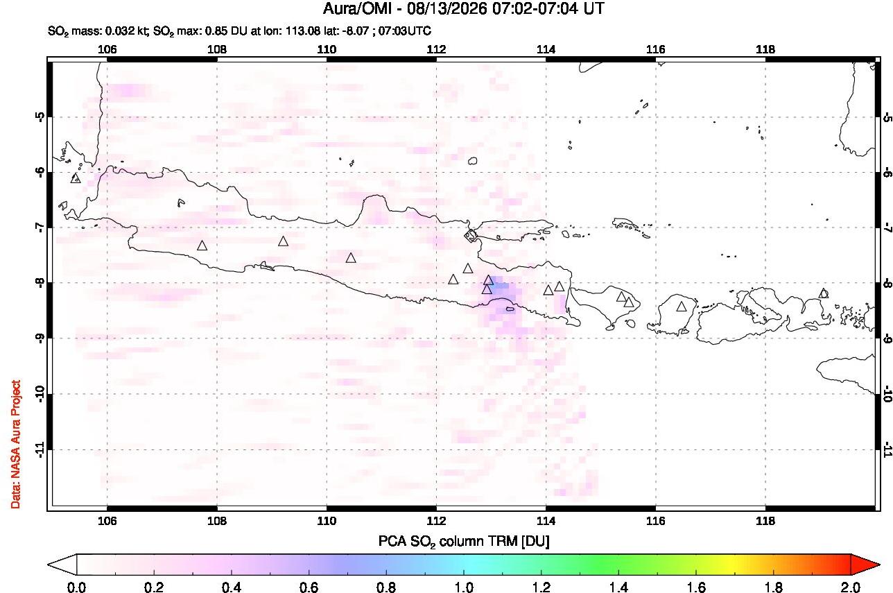 A sulfur dioxide image over Java, Indonesia on Aug 13, 2026.