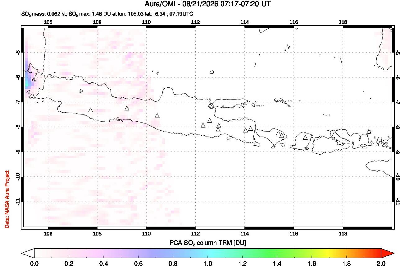 A sulfur dioxide image over Java, Indonesia on Aug 21, 2026.