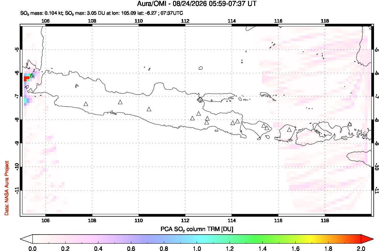 A sulfur dioxide image over Java, Indonesia on Aug 24, 2026.
