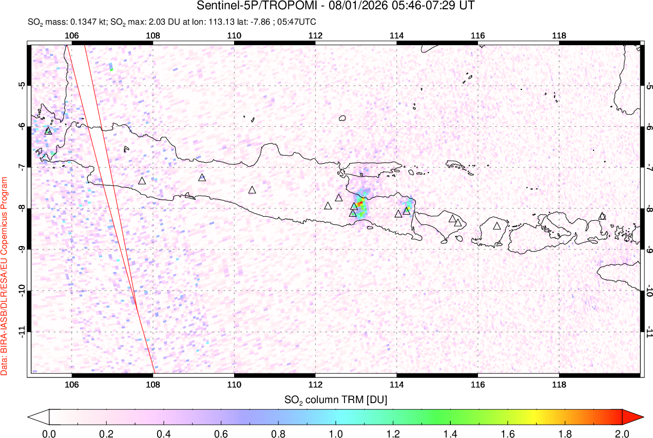 A sulfur dioxide image over Java, Indonesia on Aug 01, 2026.