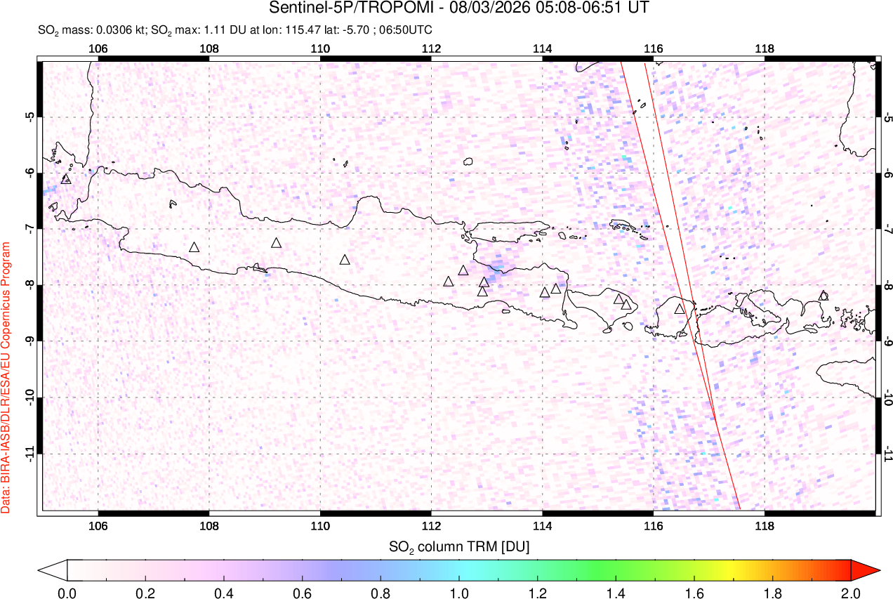 A sulfur dioxide image over Java, Indonesia on Aug 03, 2026.