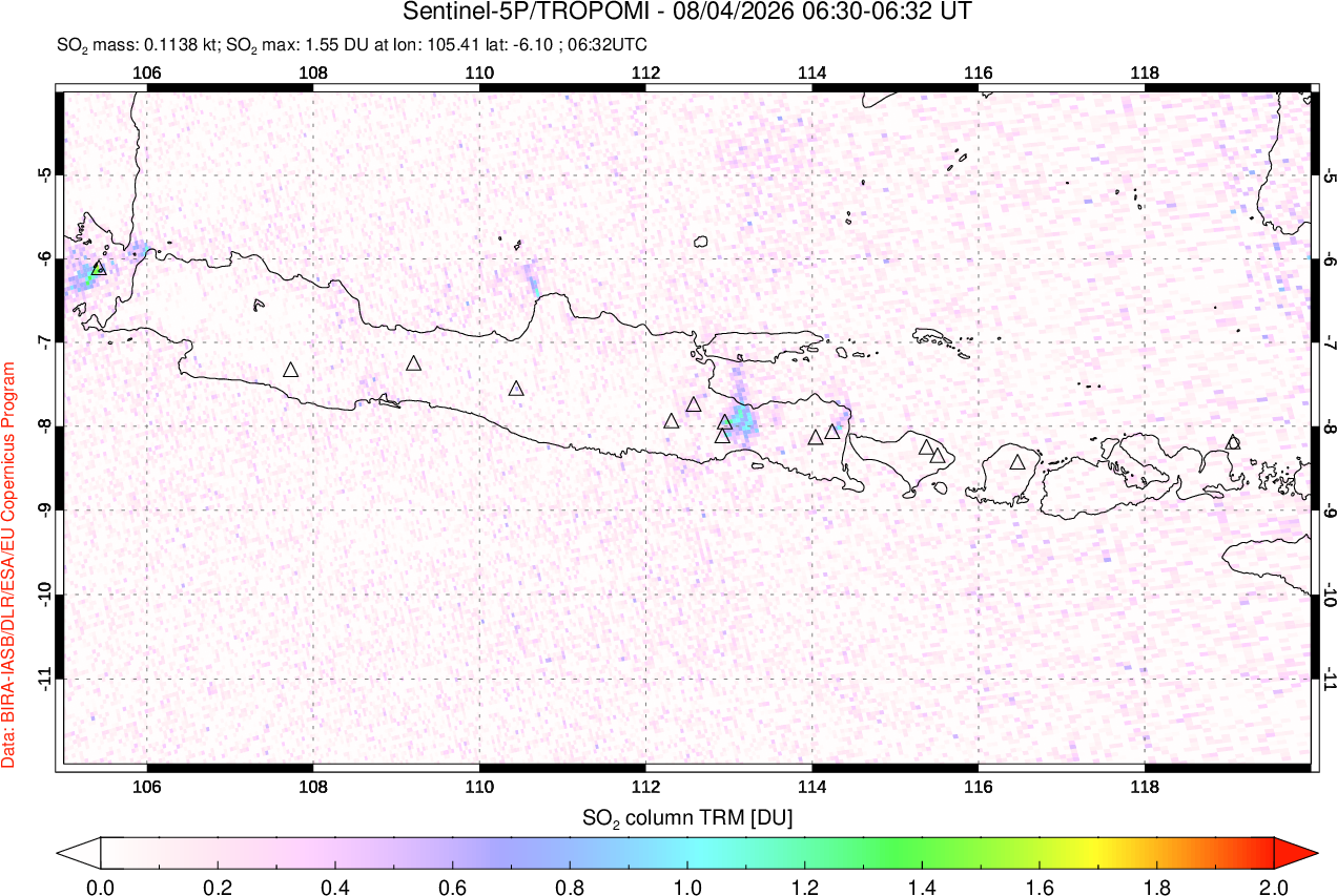 A sulfur dioxide image over Java, Indonesia on Aug 04, 2026.