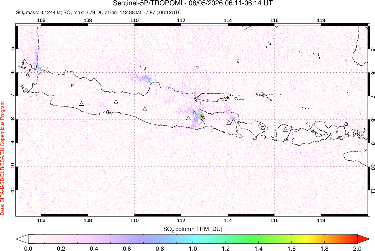 A sulfur dioxide image over Java, Indonesia on Aug 05, 2026.