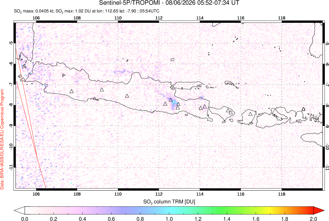 A sulfur dioxide image over Java, Indonesia on Aug 06, 2026.