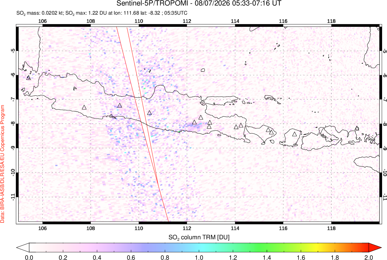 A sulfur dioxide image over Java, Indonesia on Aug 07, 2026.
