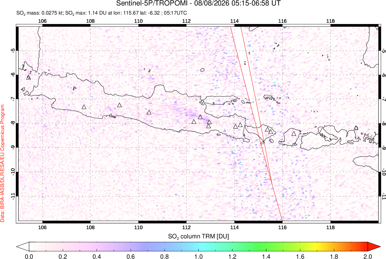 A sulfur dioxide image over Java, Indonesia on Aug 08, 2026.