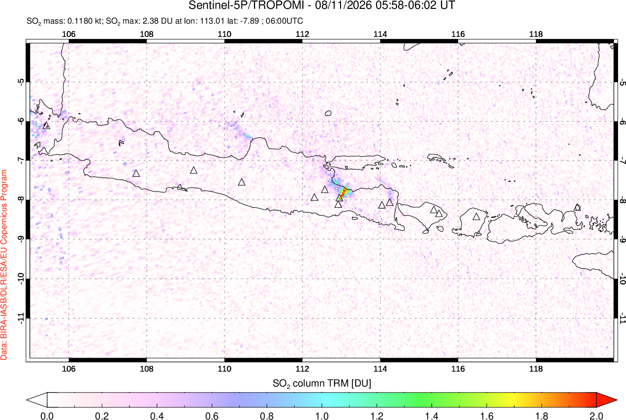A sulfur dioxide image over Java, Indonesia on Aug 11, 2026.
