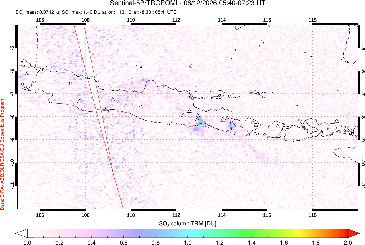 A sulfur dioxide image over Java, Indonesia on Aug 12, 2026.